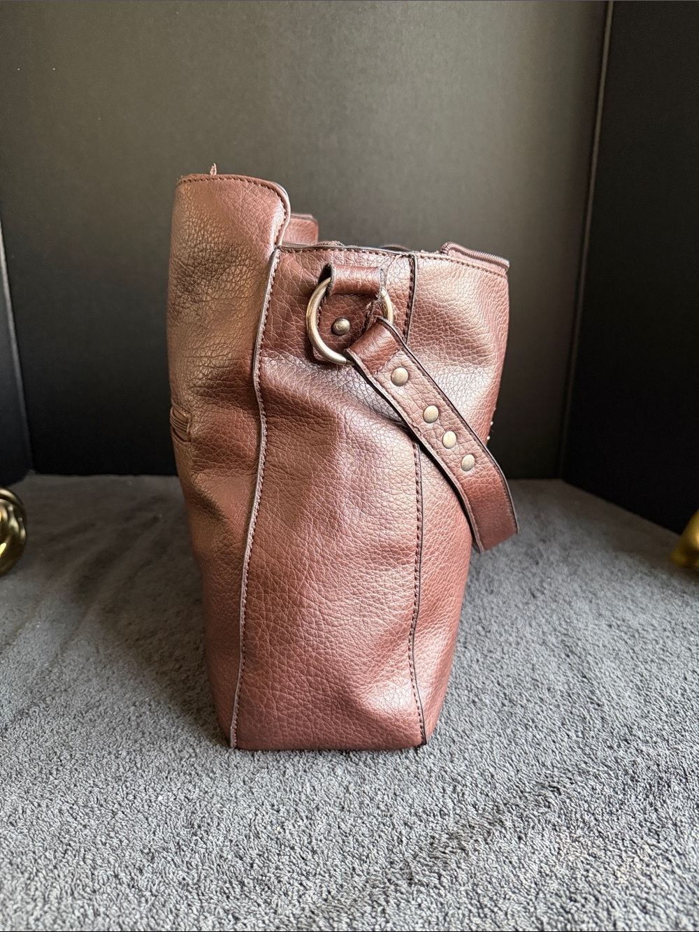 Brown Leather Studded Shoulder Bag - Women - Picture 3 of 8